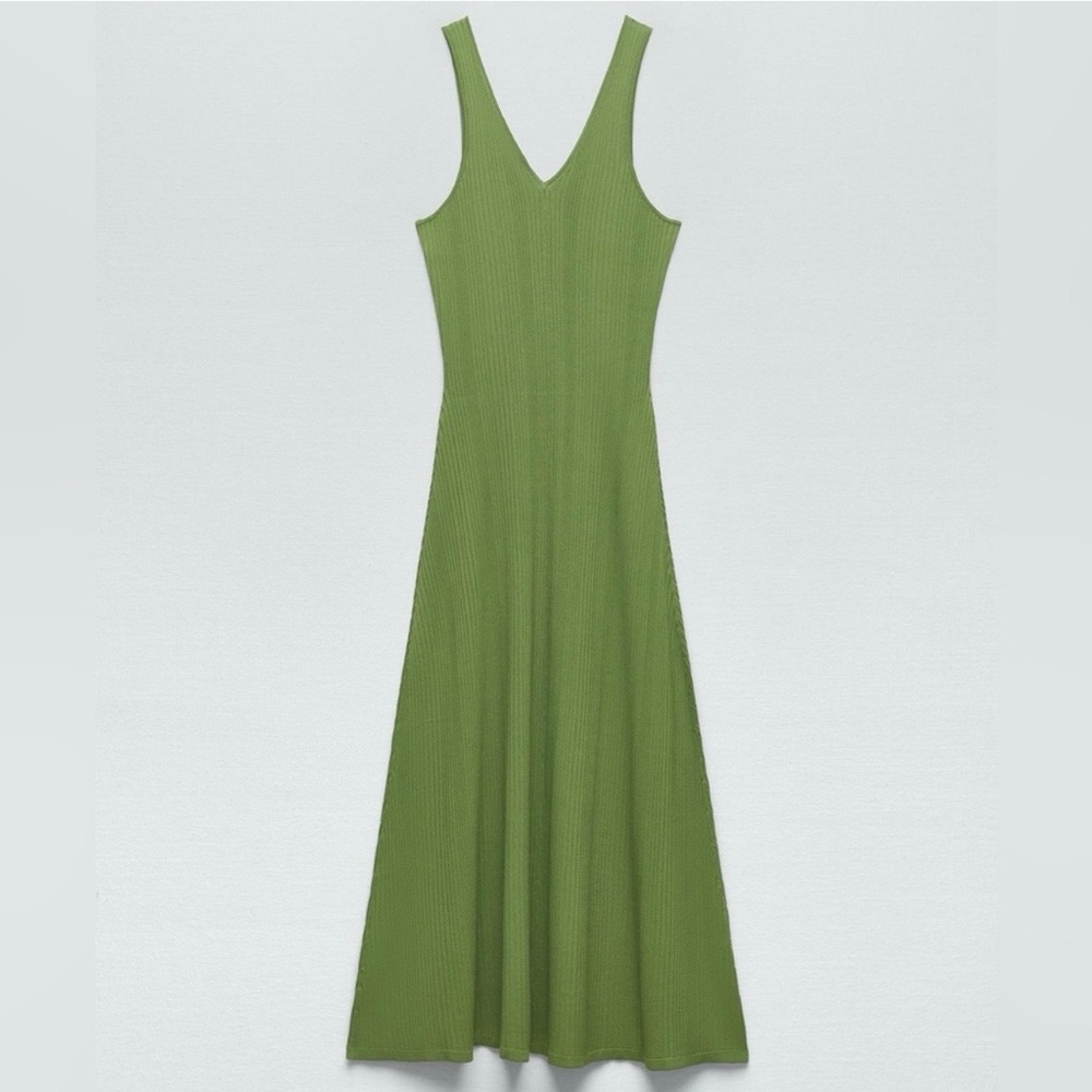 Zara Olive Green Ribbed V-Neck Maxi Dress